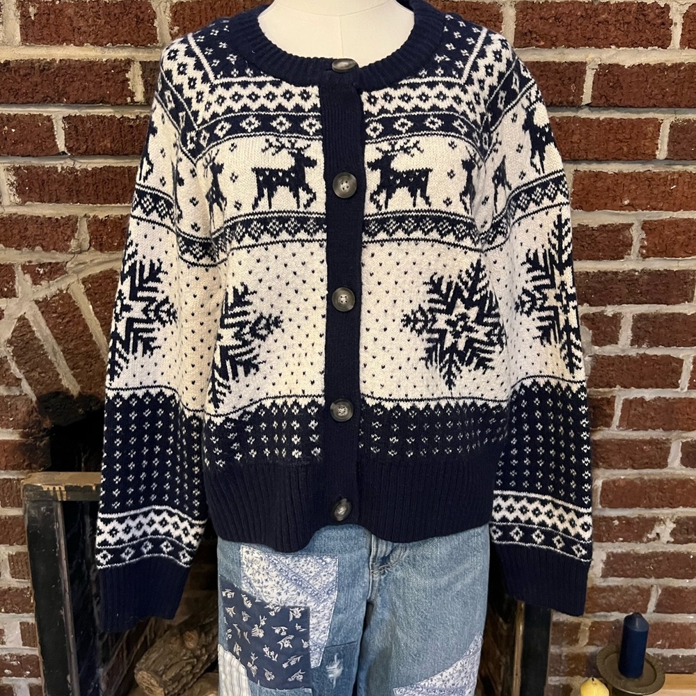 Navy and White Nordic Pattern Button-Front Women's Sweater